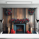 Aperturee - Aperturee Poinsettia Fireplace Winter Christmas Photo Backdrop